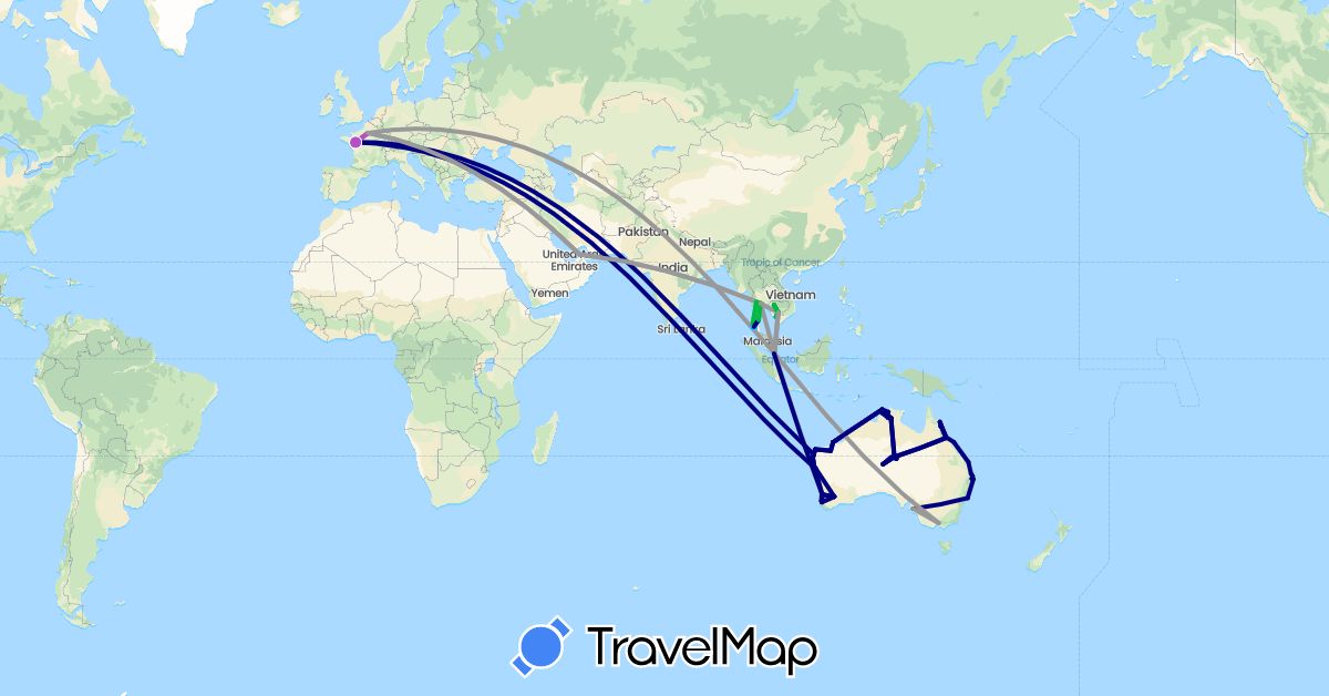 TravelMap itinerary: driving, bus, plane, train, hiking, boat in United Arab Emirates, Australia, France, Cambodia, Singapore, Thailand (Asia, Europe, Oceania)